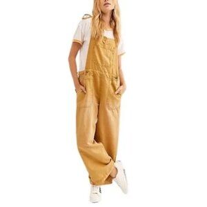 Free People Natural Sights Boho Linen Overalls Gold Mustard Sz Medium
